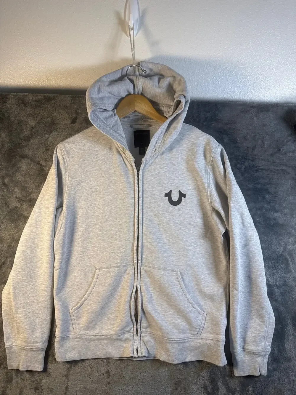 True Religion Mens Zip Up Hoodie Medium Heather Grey Embroidered Horseshoe Logo